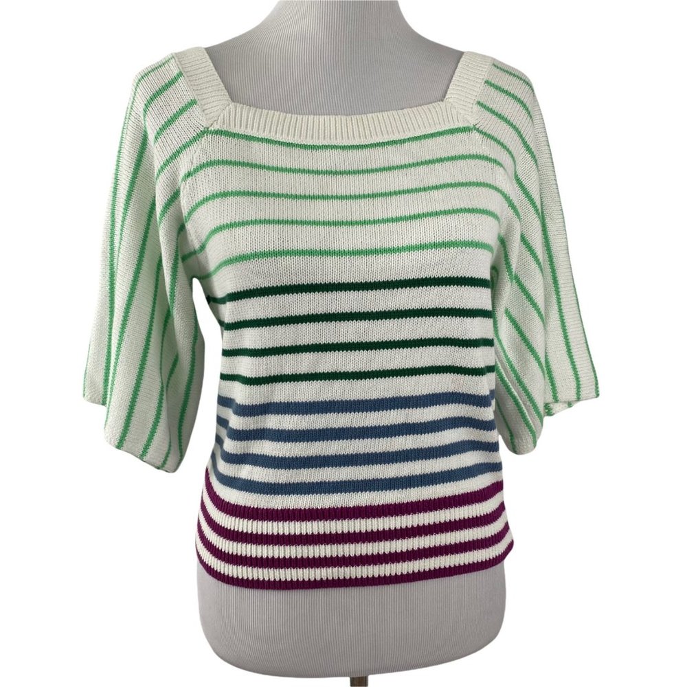 NWT KATE SPADE NEW YORK White Multicolor Striped Square Neckline Sweater Medium